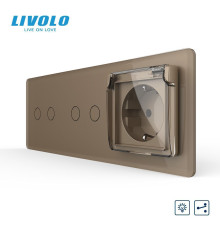 Прохідний сенсорний димер LIVOLO 4 сенсори (2-2) з розеткою IP44, кришка, золотий 2.5D скло, 16A 230V, заземлення
