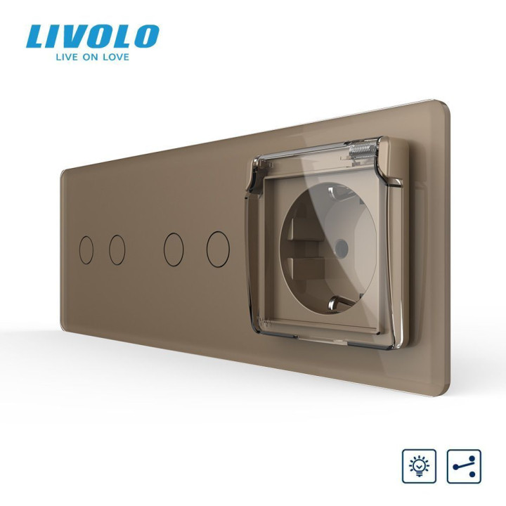Прохідний сенсорний димер LIVOLO 4 сенсори (2-2) з розеткою IP44, кришка, золотий 2.5D скло, 16A 230V, заземлення · LIVOLO · VL-C7FC2SD/FC2SD/FCTC16A/XW001-6AS05