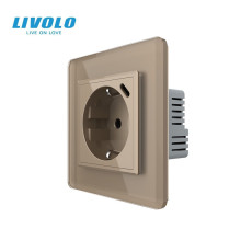Електрична розетка з USB Type-C 18Вт для зарядки, з заземленням, LIVOLO, золота, скляна 2.5D рамка, 250В 16А
