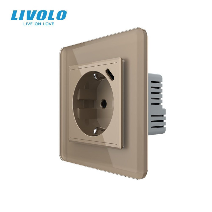 Електрична розетка з USB Type-C 18Вт для зарядки, з заземленням, LIVOLO, золота, скляна 2.5D рамка, 250В 16А · LIVOLO · VL-C7CTF16A.UC18W-2AS05