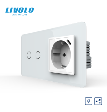 Прохідний сенсорний димер LIVOLO на 2 сенсори з розеткою та USB Type-C 18Вт, білий 2.5D, заземлення