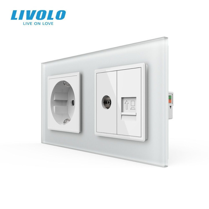 Розетка двомісна комбінована Силова Інтернет ТБ LIVOLO біла матова скло · LIVOLO · VL-C7FCTC16A/FCCP/FCTV-4WS06