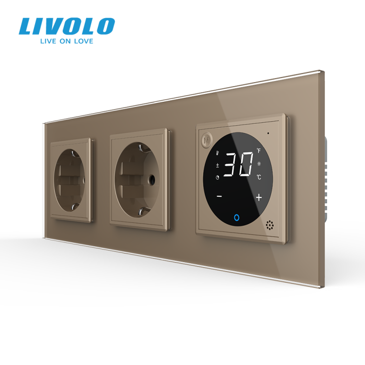 Терморегулятор сенсорний для теплої підлоги LIVOLO з розеткою заземлення, золота, скляна рамка, 250В 16А · LIVOLO · VL-C7FCTC16A/FCQ1-6AP