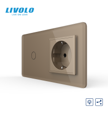 Сенсорний прохідний димер з розеткою LIVOLO 16А 230В із заземленням, шторки, золотий 2.5D, скло