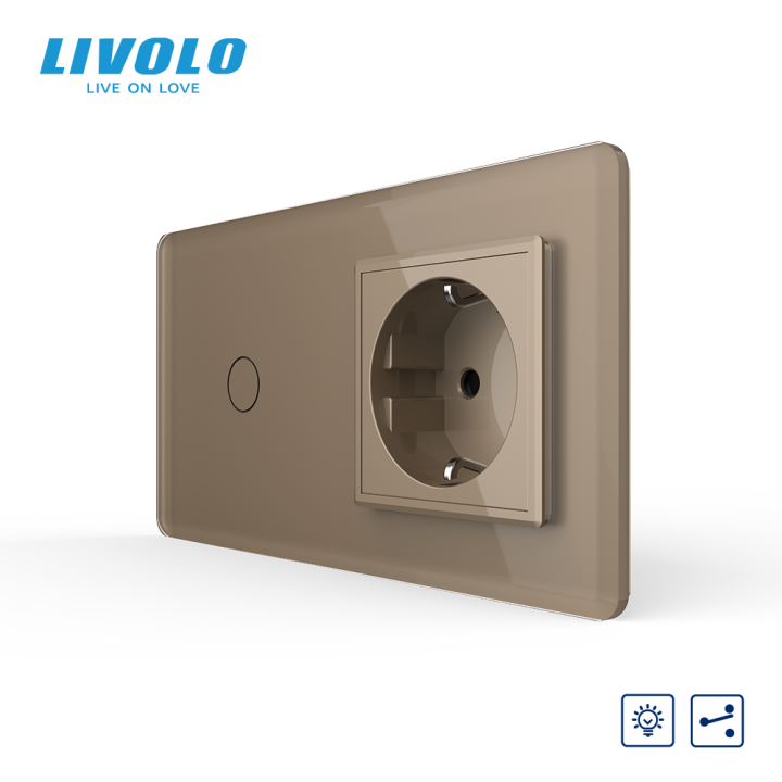 Сенсорний прохідний димер з розеткою LIVOLO 16А 230В із заземленням, шторки, золотий 2.5D, скло · LIVOLO · VL-C7FC1SD/FCTC16A-4AS05