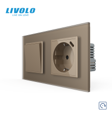 Вимикач без фіксації LIVOLO з розеткою та USB Type-C 18Вт, золотий матовый, скло, із заземленням і захисними шторками