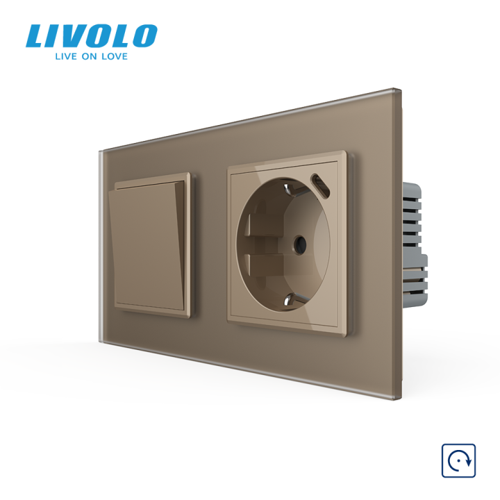 Вимикач без фіксації LIVOLO з розеткою та USB Type-C 18Вт, золотий матовый, скло, із заземленням і захисними шторками · LIVOLO · VL-C7FCMH2/FCTF16A.UC18W-4AS06