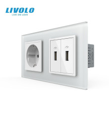 Розетка з заземленням з 2 USB розетками LIVOLO біла матова скло