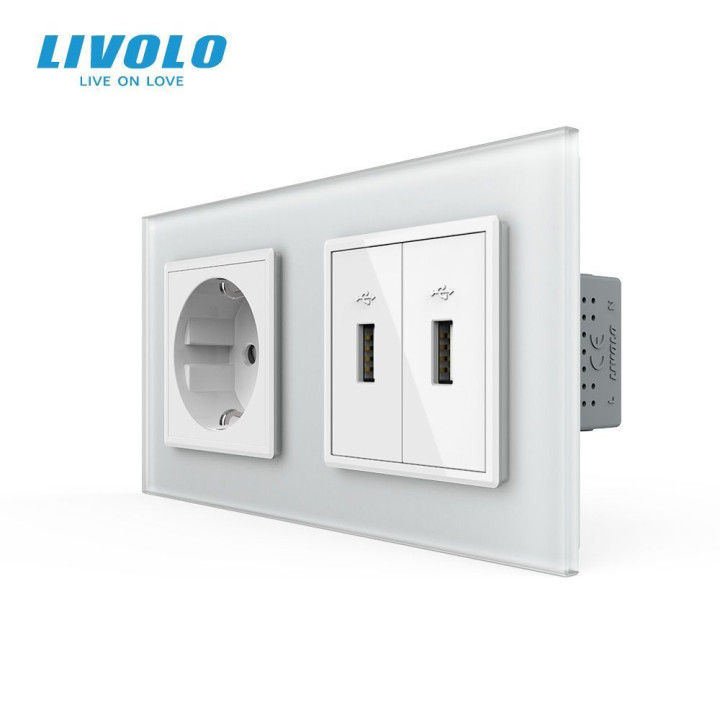 Розетка з заземленням з 2 USB розетками LIVOLO біла матова скло · LIVOLO · VL-C7FCTC16A/FCUA/FCUA-4WS06