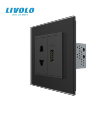 Розетка універсальна з USB розеткою LIVOLO чорна матова скло