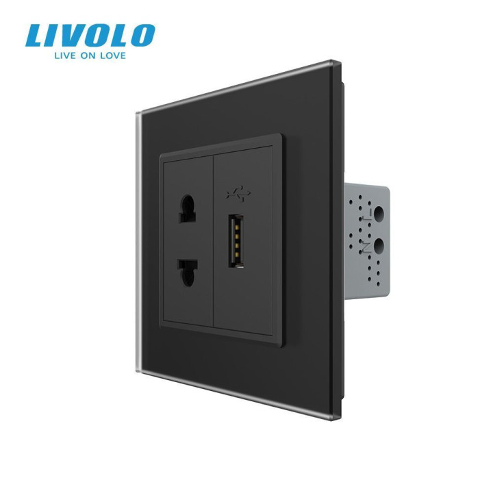 Розетка універсальна з USB розеткою LIVOLO чорна матова скло · LIVOLO · VL-C7FCT25/FCUA-2BS06