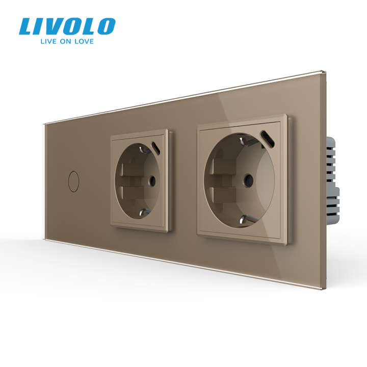 Сенсорний димер LIVOLO з двома розетками з USB Type-C 18Вт, золотий матовый, скло, 16A 230V, із заземленням, шторки · LIVOLO · VL-C7FC1D/FCTF16A.UC18W/FCTF16A.UC18W-6AS06