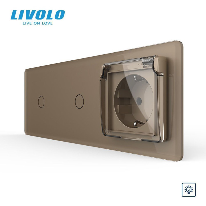 Сенсорний димер LIVOLO 2 сенсори (1-1) з розеткою IP44, кришка, 16A 230V, заземлення, золотий 2.5D скло · LIVOLO · VL-C7FC1D/FC1D/FCTC16A/XW001-6AS05
