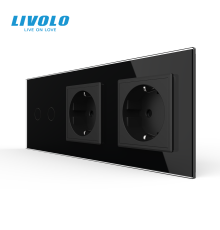 Сенсорний прохідний димер LIVOLO 2 сенсори з 2 розетками, чорний, скло, 2A 230V