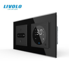 Розумний терморегулятор для теплої підлоги + сенсорний димер LIVOLO, програмований, чорний, скляна рамка