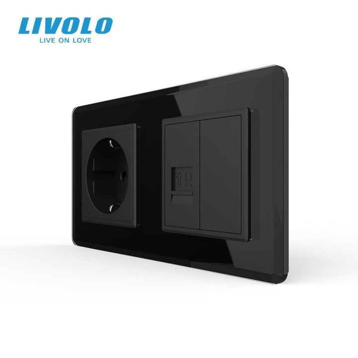 Розетка двомісна комбінована Силова Інтернет LIVOLO чорна 2.5D скло · LIVOLO · VL-C7FCTC16A/FCCP/FCMB-4BS05