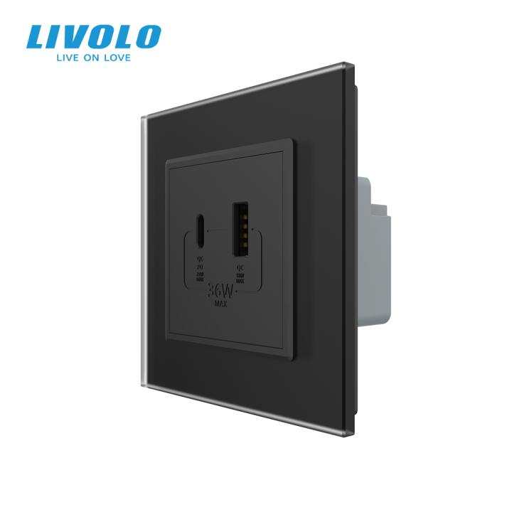 Розетка USB-A та USB-C з Power Delivery 36W LIVOLO чорна матова скло · LIVOLO · VL-C7FCUA18W.UC18W-2BS06