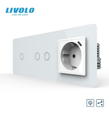 Прохідний сенсорний димер LIVOLO 3 сенсори (1-2) з розеткою з USB Type-C 18Вт, білий 2.5D скло, заземлення