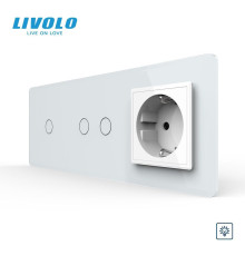 Сенсорний димер LIVOLO 3 сенсори (1-2) з розеткою, білий 2.5D, скло, 16A 230V, із заземленням, захисні шторки