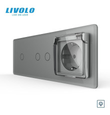 Сенсорний димер LIVOLO 3 сенсори (1-2) з розеткою IP44, кришка, 16A 230V, заземлення, сірий 2.5D скло