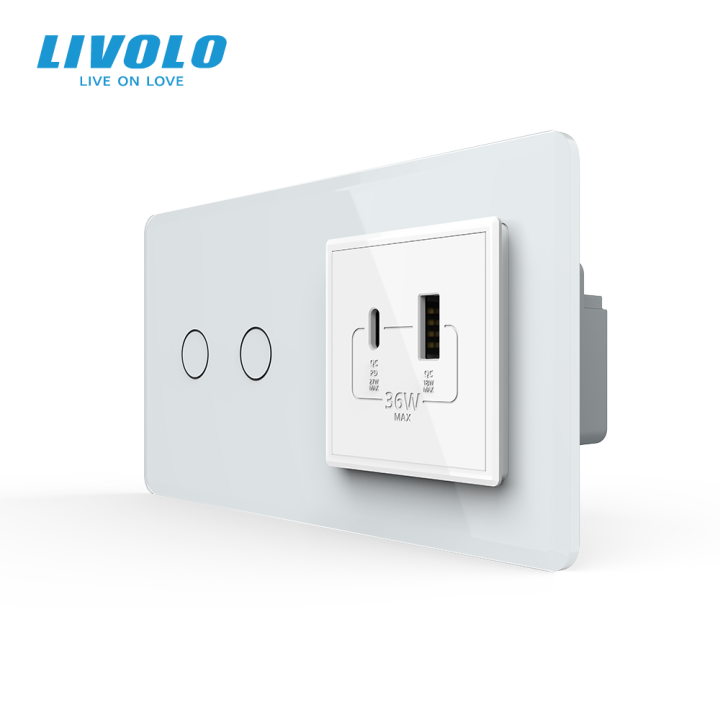 Сенсорний (дотиковий) подвійний вимикач LIVOLO з розеткою USB-A + USB-C 36Вт білий 2.5D скло · LIVOLO · VL-C7FC2/FCUA18W.UC18W-4WS05