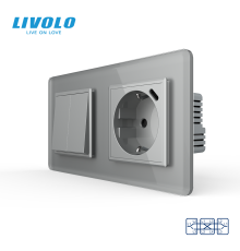Двоклавішний перехресний вимикач LIVOLO з розеткою та USB Type-C 18Вт, сірий 2.5D, скло, заземлення