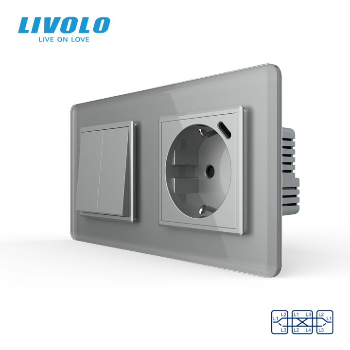 Двоклавішний перехресний вимикач LIVOLO з розеткою та USB Type-C 18Вт, сірий 2.5D, скло, заземлення · LIVOLO · VL-C7FCMM10A1/FCTF16A.UC18W-4IS05