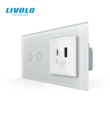 Сенсорний (дотиковий) подвійний вимикач LIVOLO з розеткою USB-A + USB-C 36Вт білий матовый скло