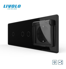 Прохідний сенсорний димер LIVOLO 3 сенсори (1-2) з розеткою IP44, кришка, чорний 2.5D скло, 16A 230V, заземлення