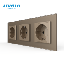 Потрійна електрична розетка з заземленням LIVOLO, золота, скляна матова рамка, шторки, 250В 16А