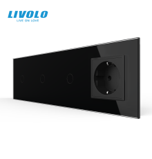 Сенсорний вимикач 3 сенсора (1-1-1) 1 розетка Livolo чорний скло (VL-C703/C7C1EU-12)