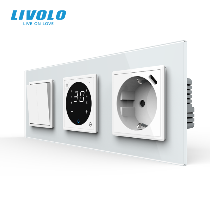 Терморегулятор для теплої підлоги + 2-клавішний вимикач + USB Type-C 18Вт LIVOLO, білий скляний · LIVOLO · VL-C7FCMKS1/FCQ1/FCTF16A.UC18W-6WP