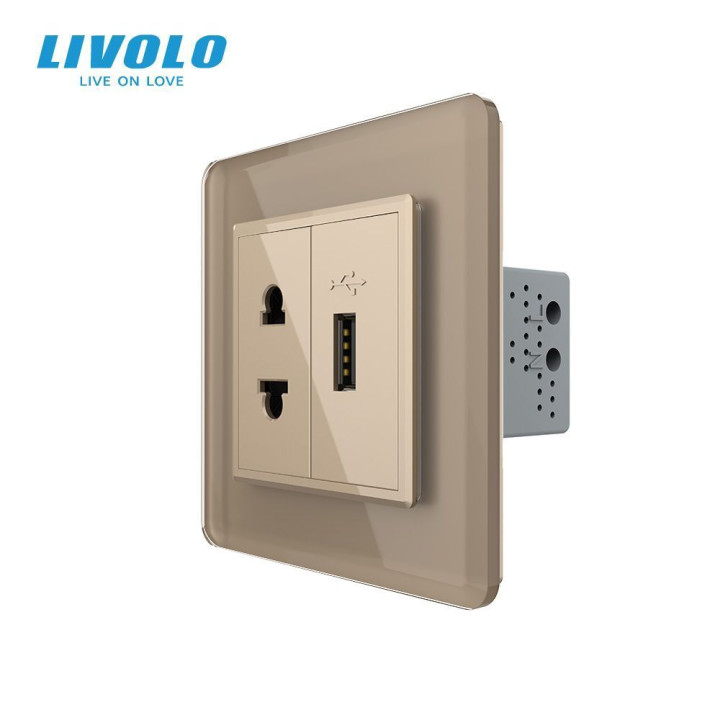 Розетка універсальна з USB розеткою LIVOLO золота 2.5D скло · LIVOLO · VL-C7FCT25/FCUA-2AS05