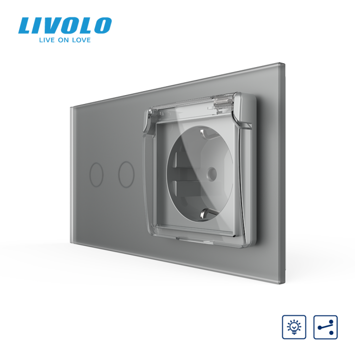 Прохідний сенсорний димер LIVOLO 2 сенсори з розеткою IP44, сірий матовый, 16A 230V, із заземленням, шторки · LIVOLO · VL-C7FC2SD/FCTC16A/XW001-4IS06