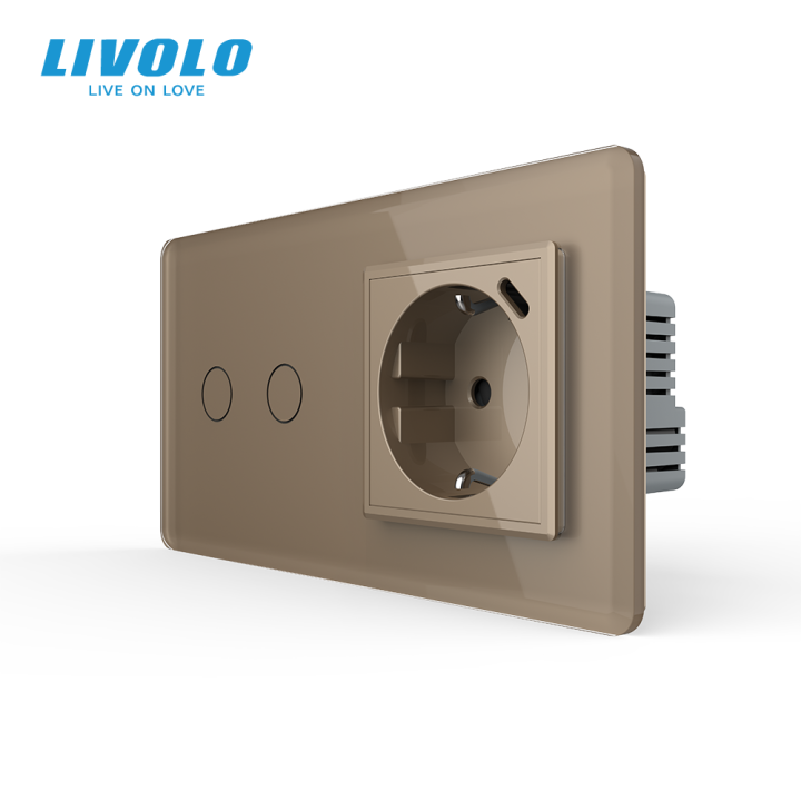 Сенсорний подвійний вимикач LIVOLO з USB Type-C 18 Вт золотий 2.5D 16 А 230 В із заземленням шторки скло · LIVOLO · VL-C7FC2/FCTF16A.UC18W-4AS05