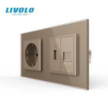 Розетка LIVOLO з USB 10Вт і інтернет портом RJ-45, золота, настінна дизайнерська, скляна рамка