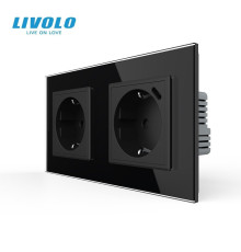 Подвійна розетка LIVOLO з USB Type-C 18Вт, із заземленням, шторки, чорна, скляна рамка, 250В, 16А