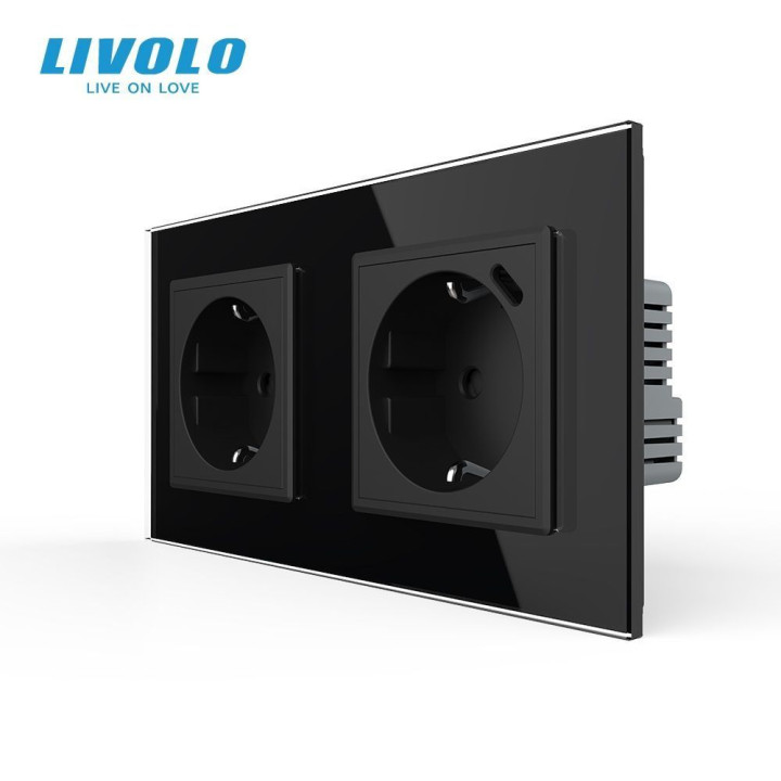 Подвійна розетка LIVOLO з USB Type-C 18Вт, із заземленням, шторки, чорна, скляна рамка, 250В, 16А · LIVOLO · VL-C7FCTC16A/CTF16A.UC18W-4BP