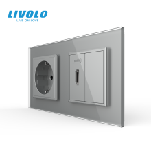 Розетка HDMI LIVOLO, сіра, настінна дизайнерська, скляна рамка