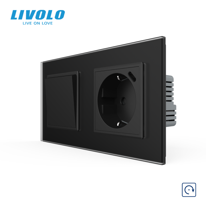 Вимикач без фіксації LIVOLO з розеткою та USB Type-C 18Вт, чорний матовый, скло, із заземленням і захисними шторками · LIVOLO · VL-C7FCMH2/FCTF16A.UC18W-4BS06