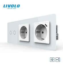 Прохідний подвійний сенсорний димер LIVOLO з розеткою та розеткою з USB Type-C 18Вт, заземлення, білий 2.5D, скло