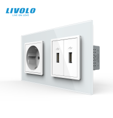 Розетка LIVOLO з заземленням і двома USB розетками, біла, настінна дизайнерська, скляна рамка