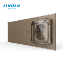Прохідний сенсорний димер LIVOLO 4 сенсори (2-2) з розеткою IP44, кришка, золото скло, 16A 230V, заземлення