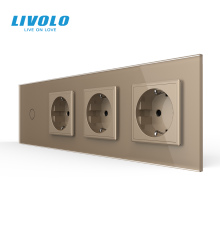 Сенсорний вимикач 1 сенсор 3 розетки LIVOLO золотий 2.5D скло