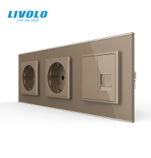 Розетка тримісна комбінована Силова Інтернет Livolo золото скло (VL-C7C2EU1CK0-13)
