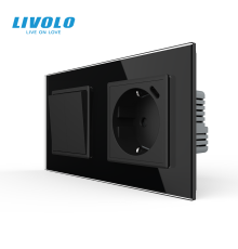 Подвійний вимикач без фіксації LIVOLO з розеткою та USB Type-C 18Вт, чорний, скло, заземлення