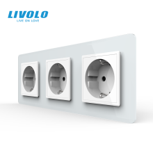 Потрійна електрична розетка з заземленням LIVOLO, біла, скляна 2.5D рамка, шторки, 250В 16А