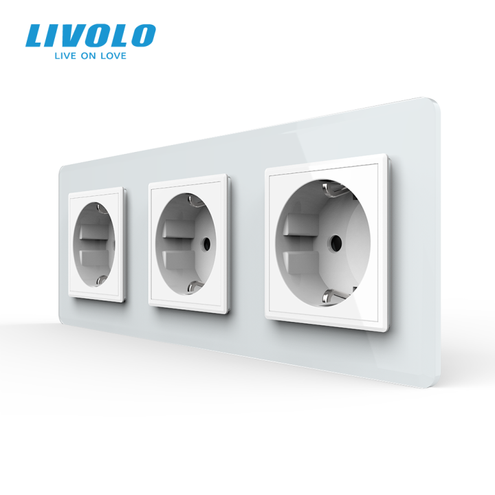 Потрійна електрична розетка з заземленням LIVOLO, біла, скляна 2.5D рамка, шторки, 250В 16А · LIVOLO · VL-C7FCTC16A-6WS05
