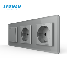 Двоклавішний вимикач з подвійною розеткою LIVOLO сірий 2.5D скло