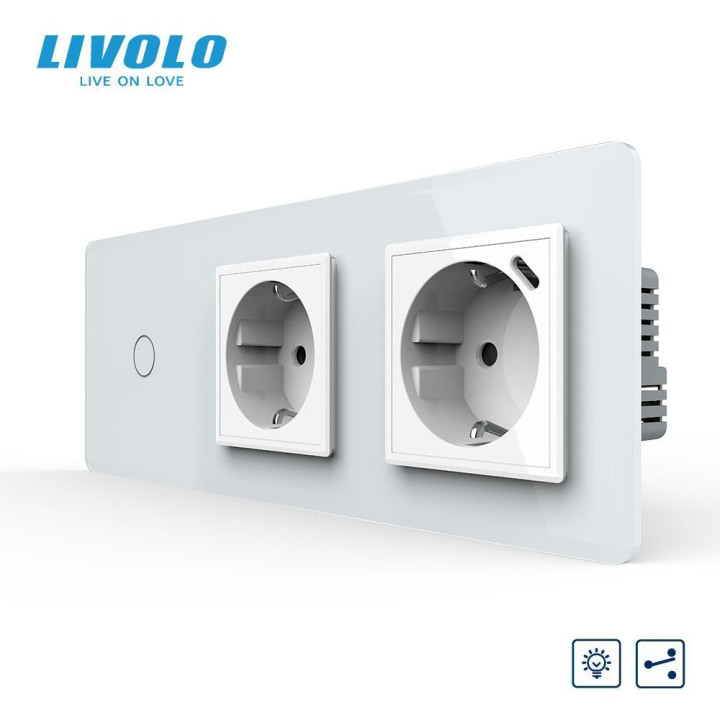 Прохідний сенсорний димер LIVOLO з розеткою та розеткою з USB Type-C 18Вт, білий 2.5D, скло, 16A 230V, заземлення · LIVOLO · VL-C7FC1SD/FCTC16A/FCTF16A.UC18W-6WS05